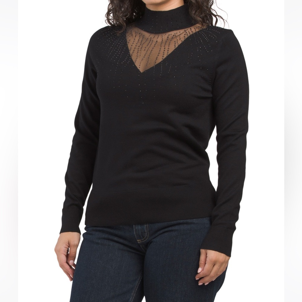 RIO & RIAN Illusion Neck Long Sleeve Pull Over Sweater W/Rhinestone  Accent-NWOT